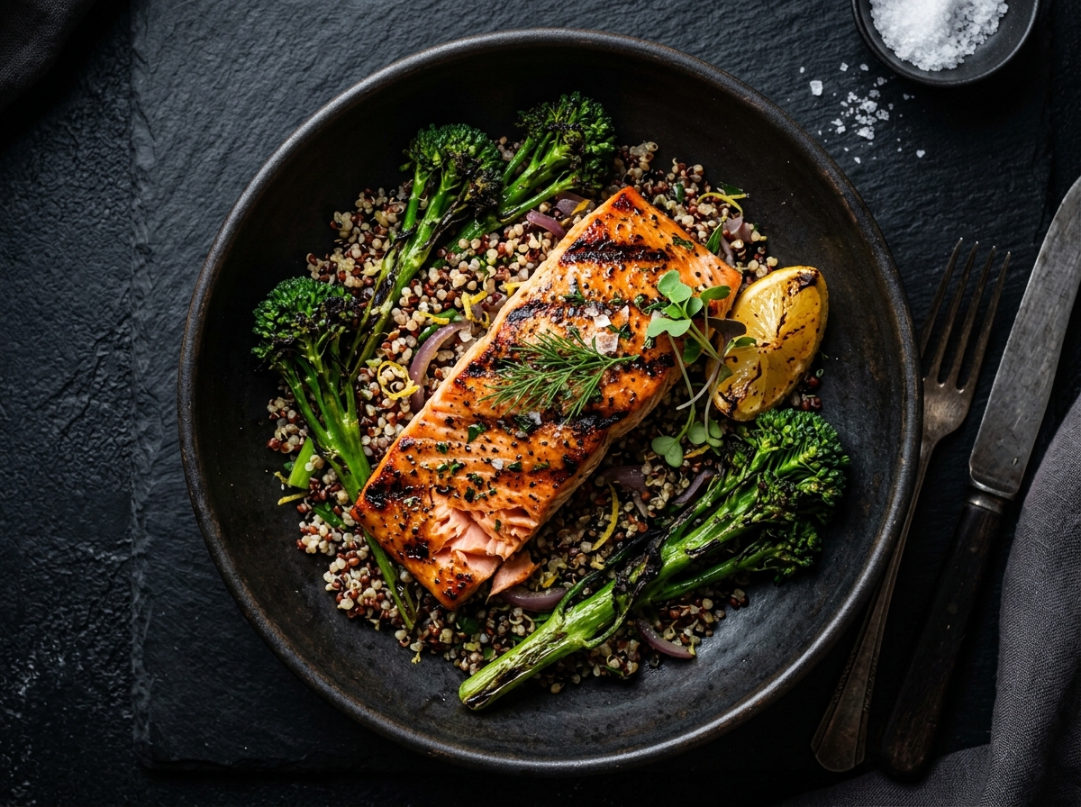 Grilled wild Alaskan sockeye salmon with sear marks over tricolor quinoa and charred broccolini in a matte black ceramic bowl
